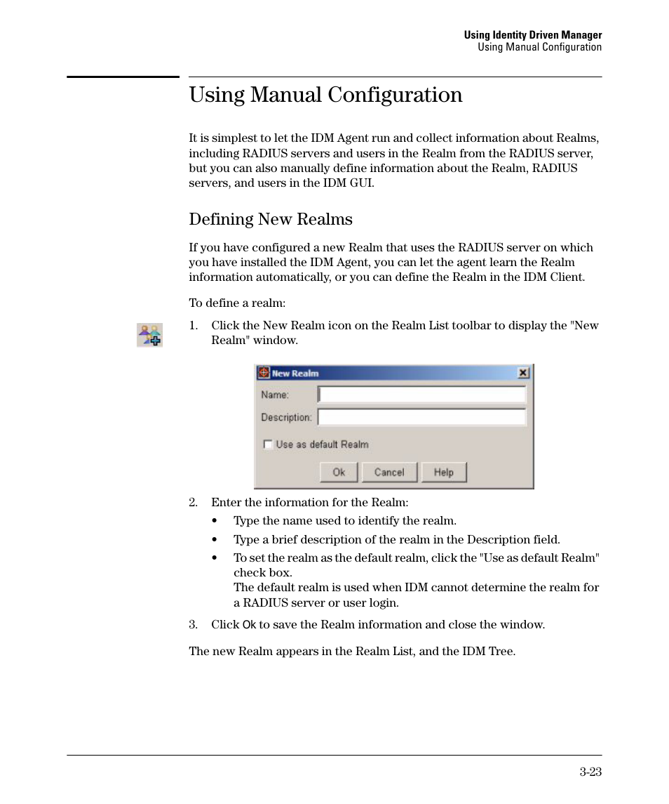 Using manual configuration, Defining new realms, Defining new realms -23 | Using manual configuration -23 | HP Identity Driven Manager Software Series User Manual | Page 61 / 88