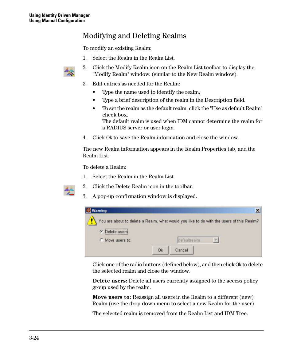 Modifying and deleting realms, Modifying and deleting realms -24 | HP Identity Driven Manager Software Series User Manual | Page 62 / 88