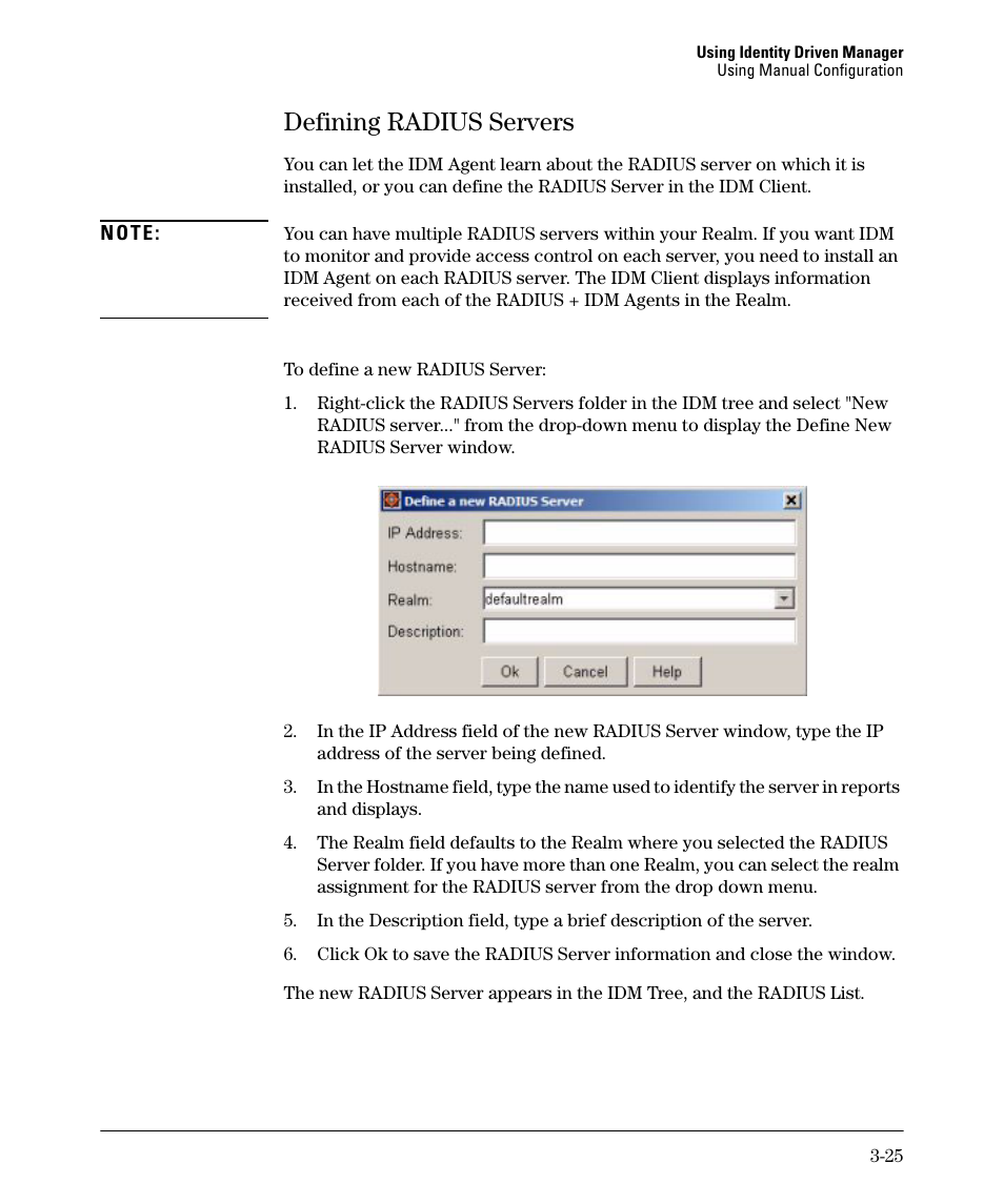 Defining radius servers, Defining radius servers -25 | HP Identity Driven Manager Software Series User Manual | Page 63 / 88