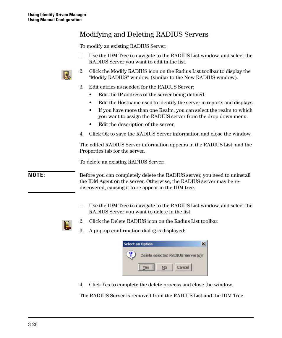 Modifying and deleting radius servers, Modifying and deleting radius servers -26 | HP Identity Driven Manager Software Series User Manual | Page 64 / 88