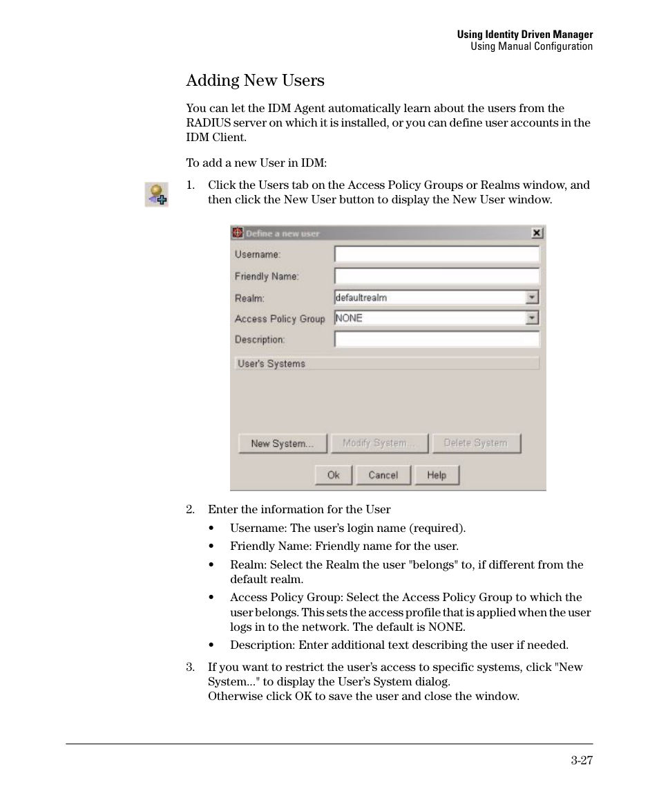 Adding new users, Adding new users -27 | HP Identity Driven Manager Software Series User Manual | Page 65 / 88