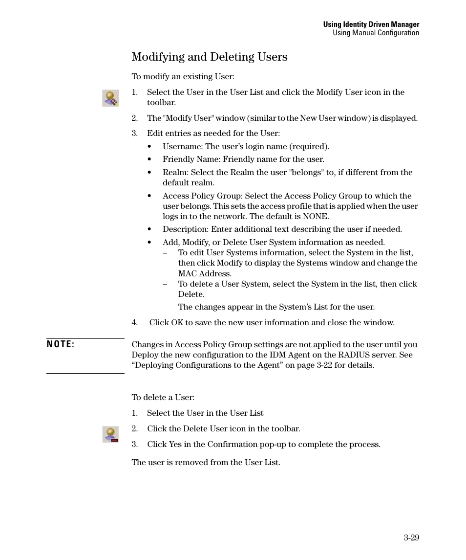 Modifying and deleting users, Modifying and deleting users -29 | HP Identity Driven Manager Software Series User Manual | Page 67 / 88