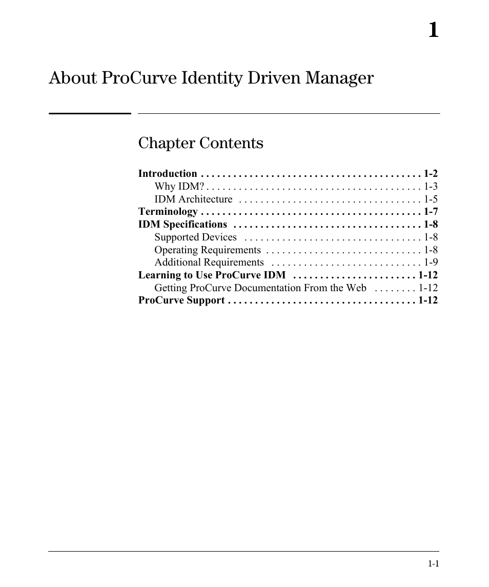 Chapter 1. about procurve identity driven manager, About procurve identity driven manager, Chapter contents | HP Identity Driven Manager Software Series User Manual | Page 7 / 88