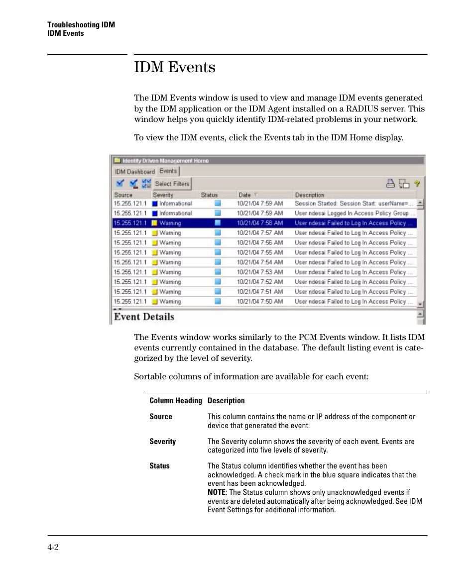 Idm events, Idm events -2 | HP Identity Driven Manager Software Series User Manual | Page 70 / 88