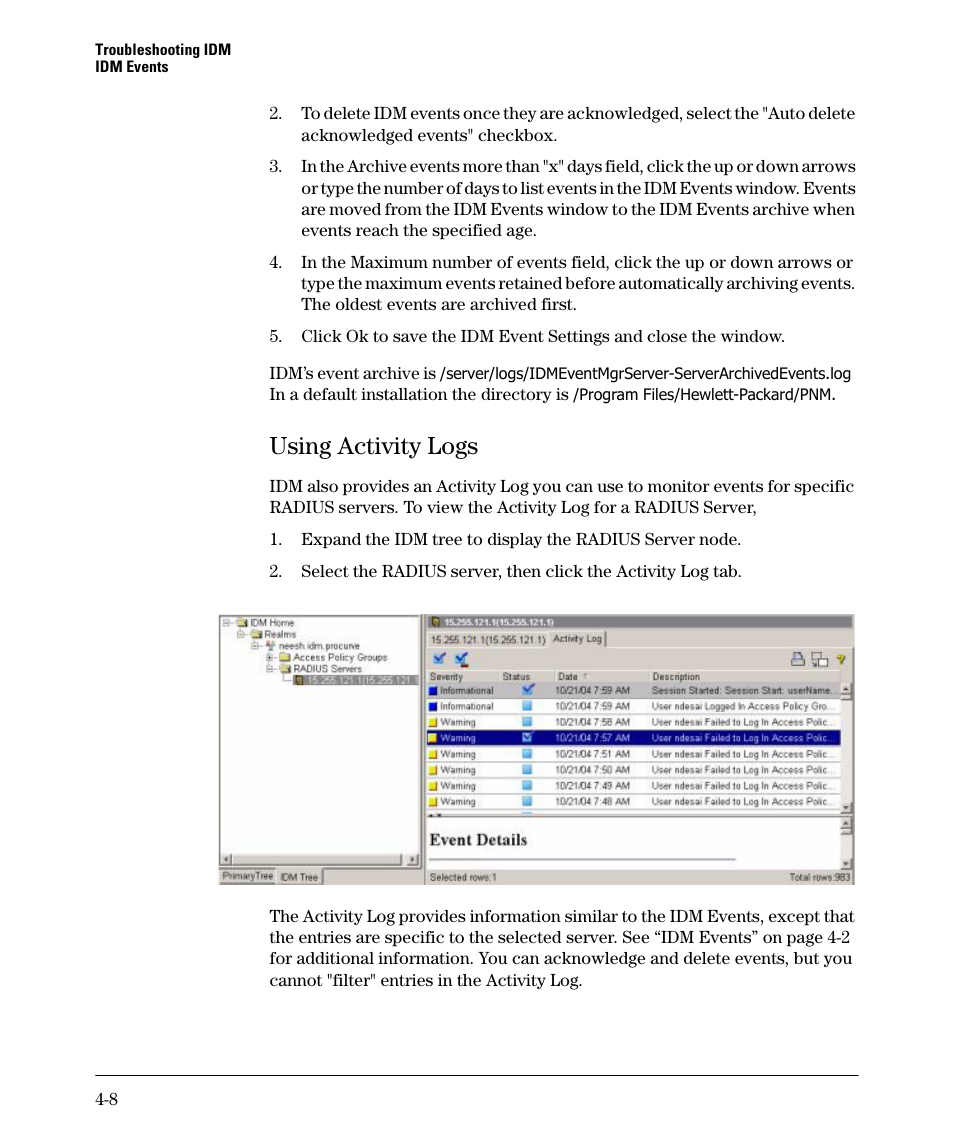 Using activity logs, Using activity logs -8 | HP Identity Driven Manager Software Series User Manual | Page 76 / 88