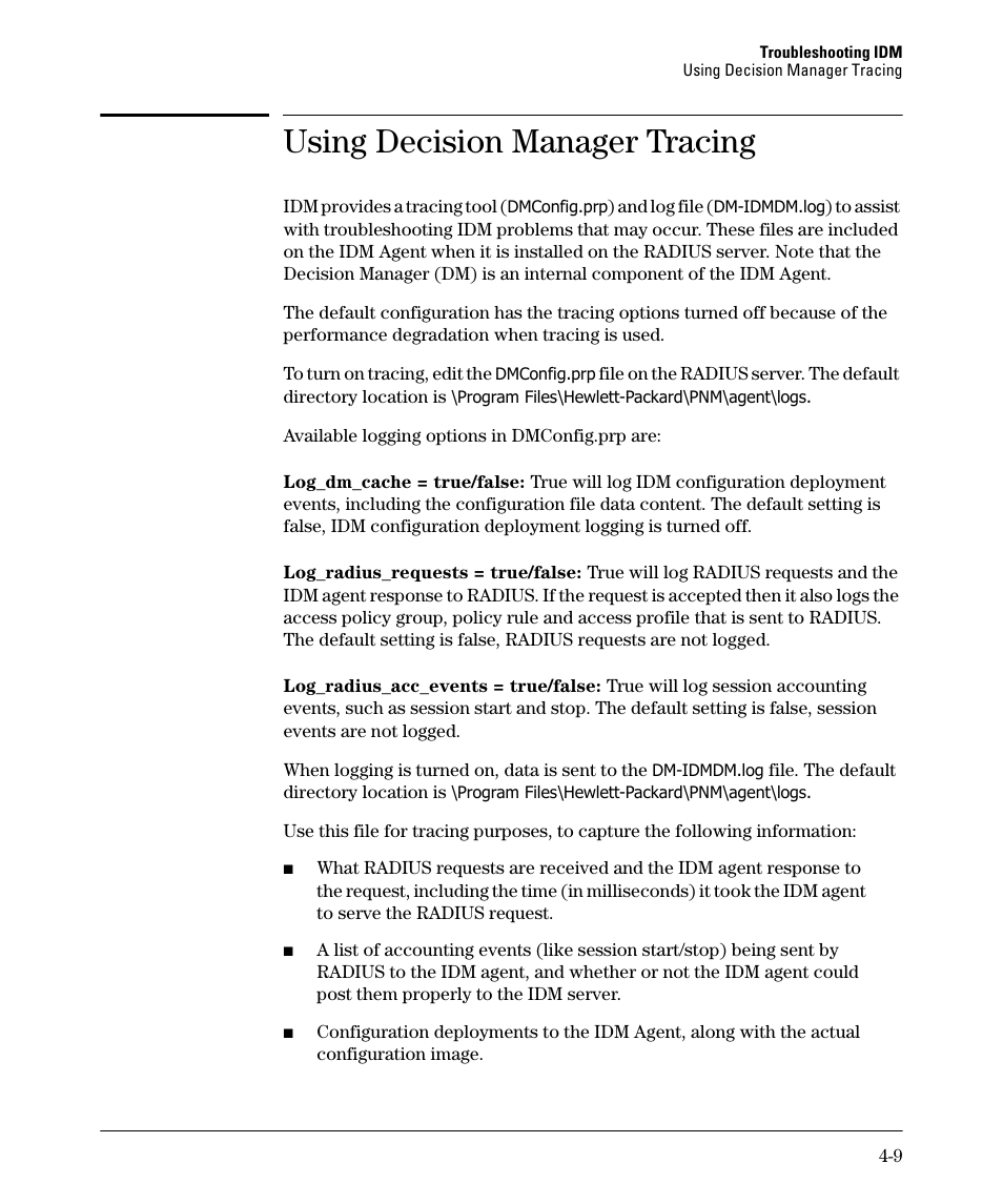 Using decision manager tracing, Using decision manager tracing -9 | HP Identity Driven Manager Software Series User Manual | Page 77 / 88