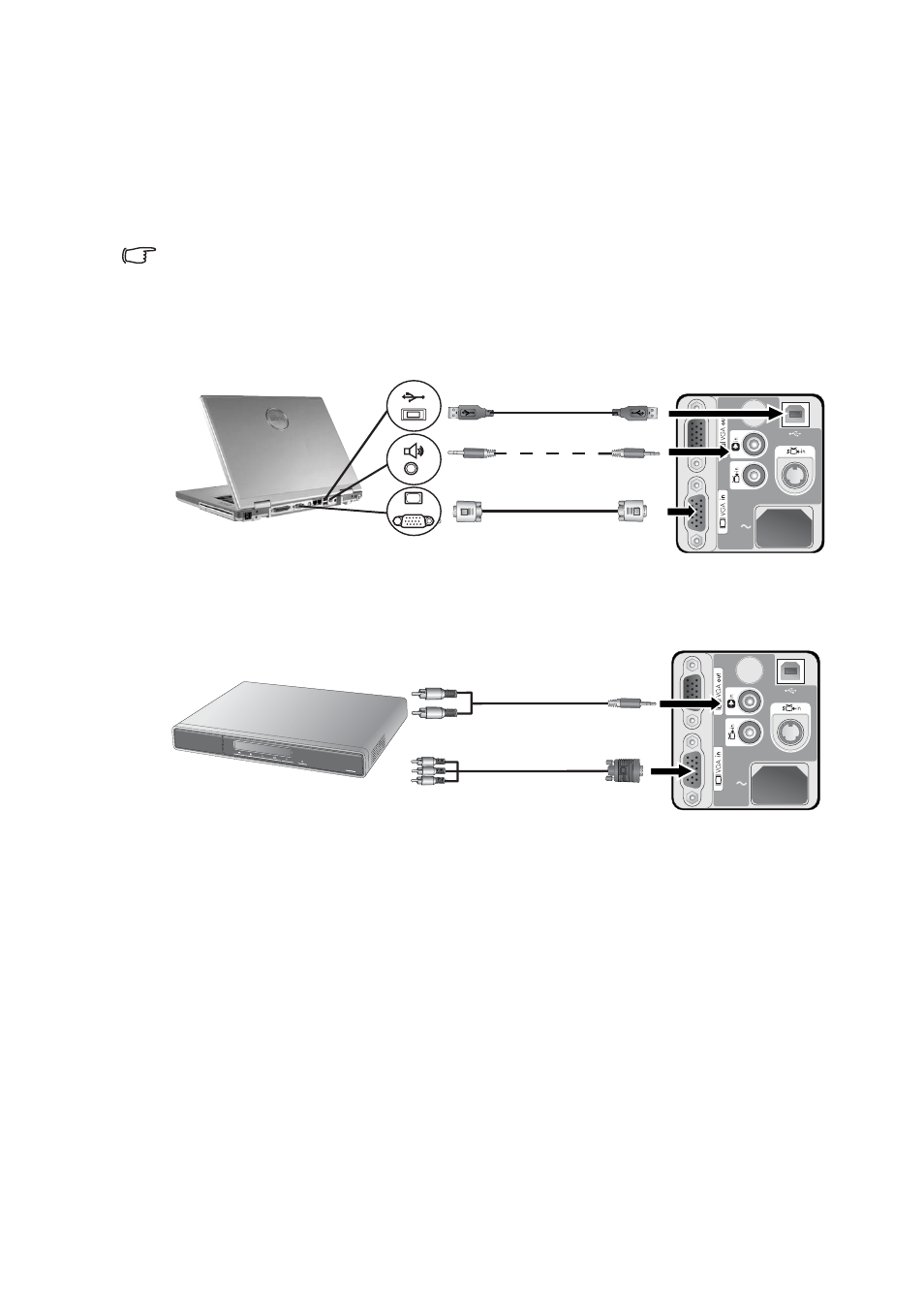 Connection, Connecting to a laptop or desktop computer, Connecting component-video devices | HP vp6210 Digital Projector User Manual | Page 17 / 41