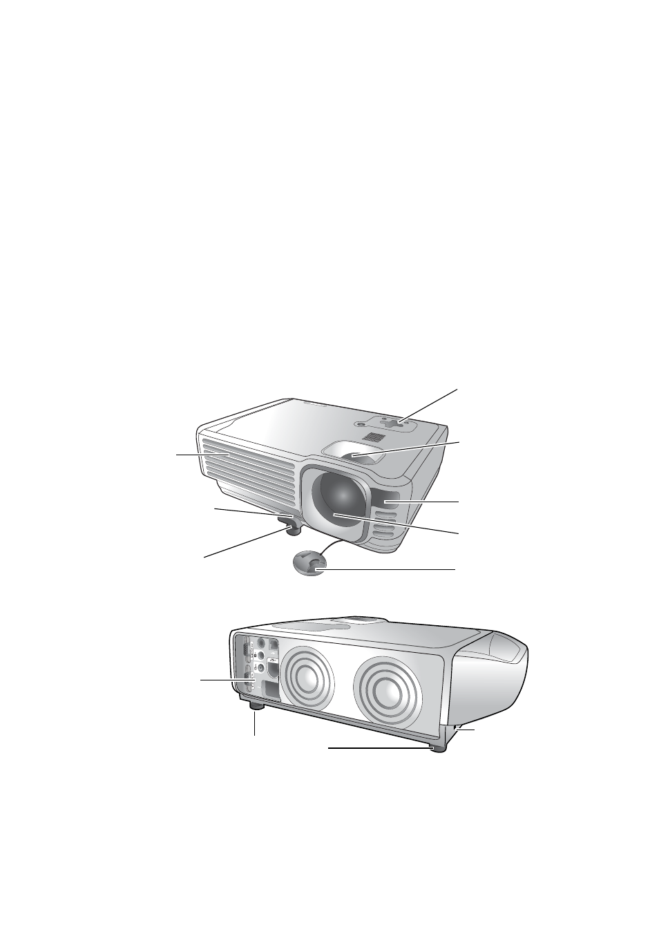 Accessories, Projector exterior view, Front / upper side | Rear side, Accessories projector exterior view, Front / upper side rear side | HP vp6210 Digital Projector User Manual | Page 9 / 41