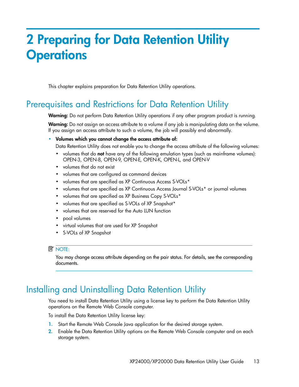 2 preparing for data retention utility operations, Installing and uninstalling data retention utility | HP XP Array Manager Software User Manual | Page 13 / 38