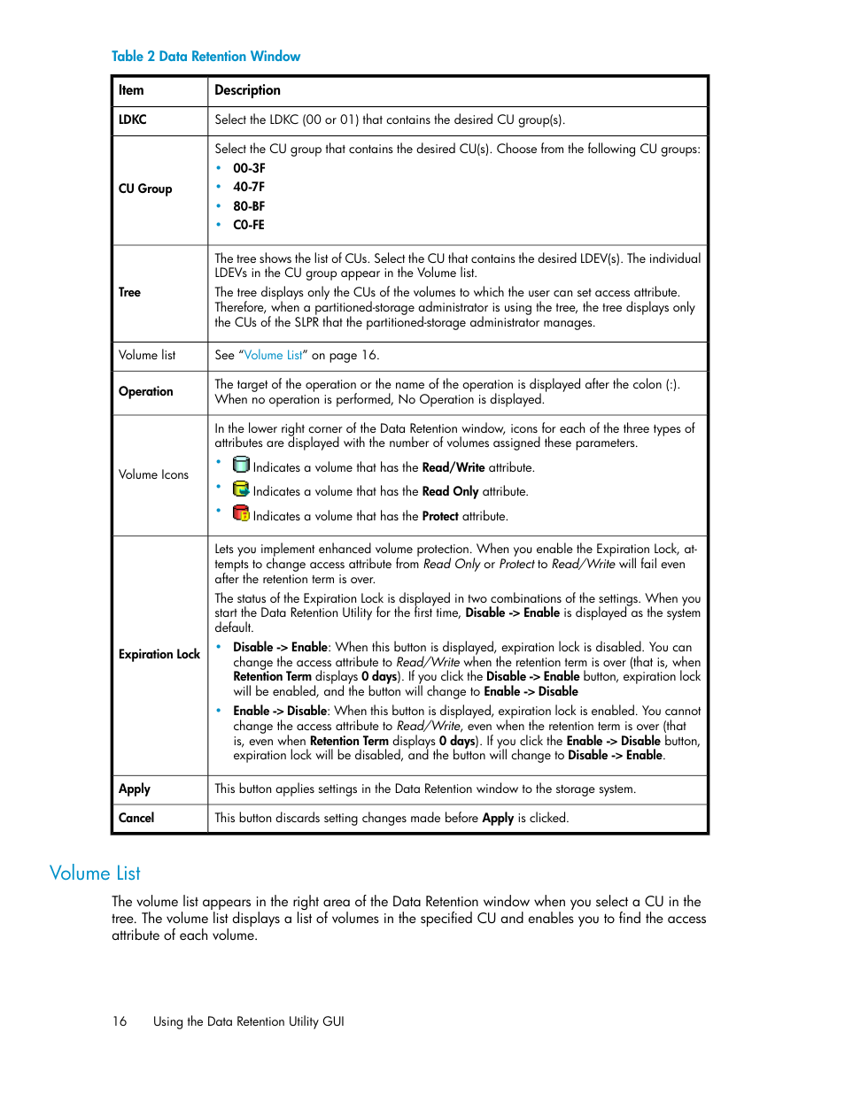 Volume list, Data retention window | HP XP Array Manager Software User Manual | Page 16 / 38
