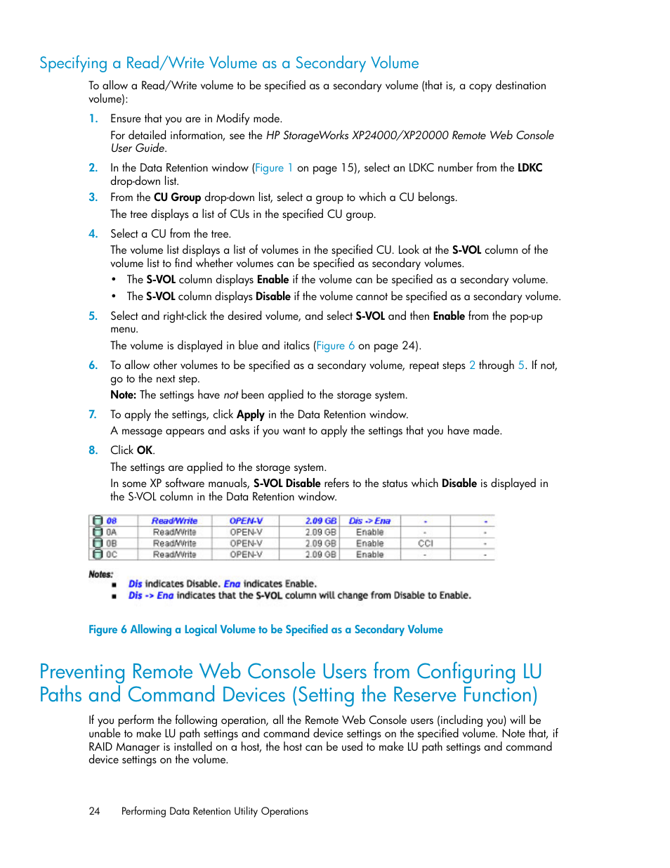 Command devices (setting the reserve function), Specifying, A read/write volume as a secondary volume | HP XP Array Manager Software User Manual | Page 24 / 38