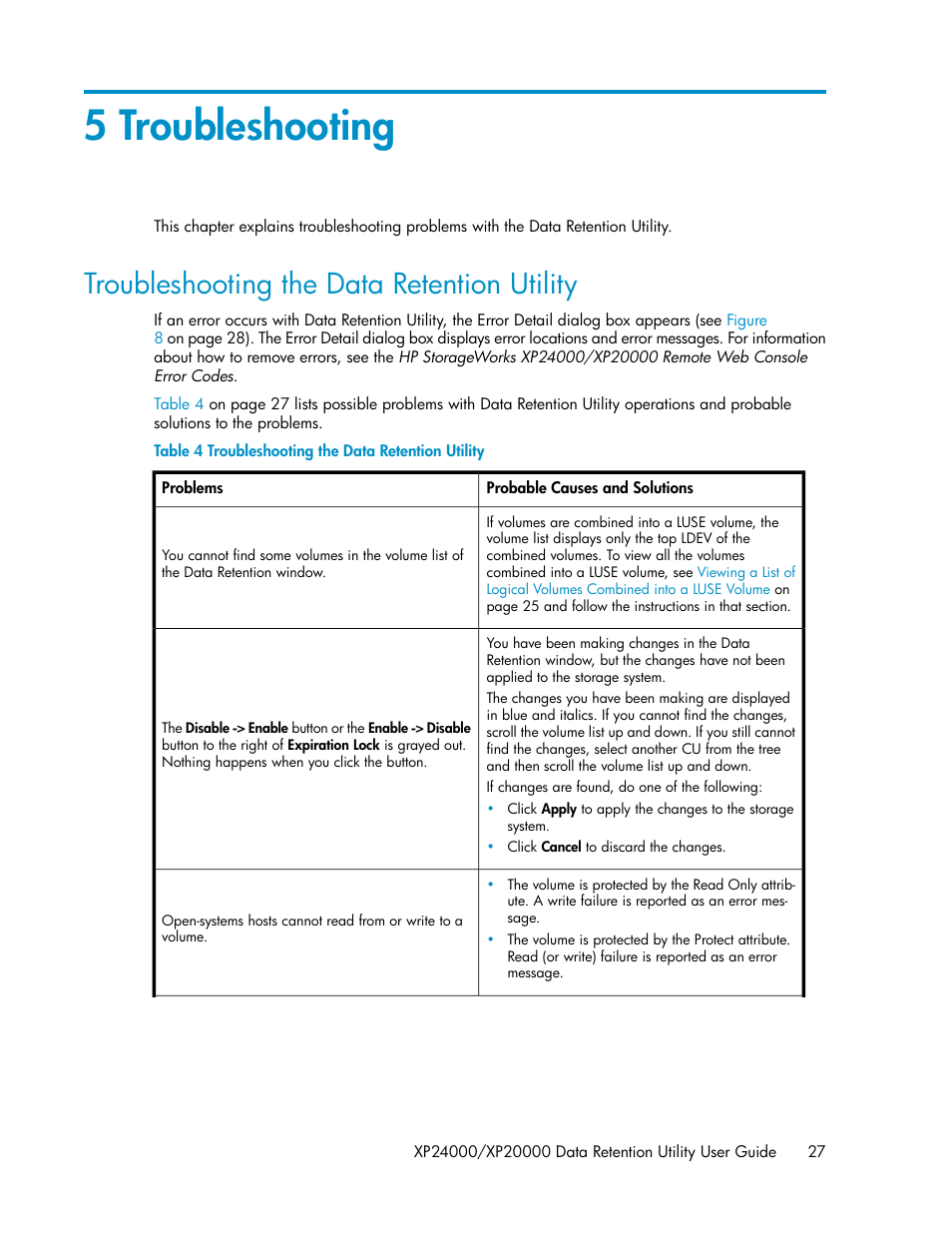 5 troubleshooting, Troubleshooting the data retention utility, General troubleshooting | HP XP Array Manager Software User Manual | Page 27 / 38