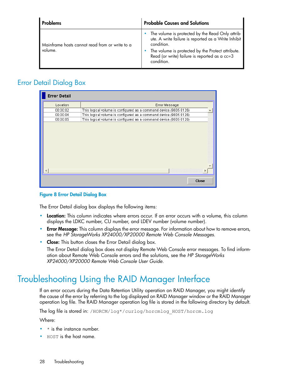 Error detail dialog box, Troubleshooting using the raid manager interface, Figure | HP XP Array Manager Software User Manual | Page 28 / 38