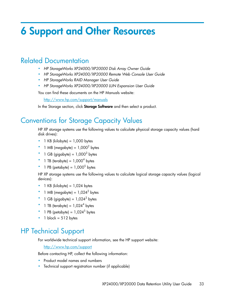 6 support and other resources, Related documentation, Conventions for storage capacity values | Hp technical support, 33 conventions for storage capacity values, 33 hp technical support | HP XP Array Manager Software User Manual | Page 33 / 38