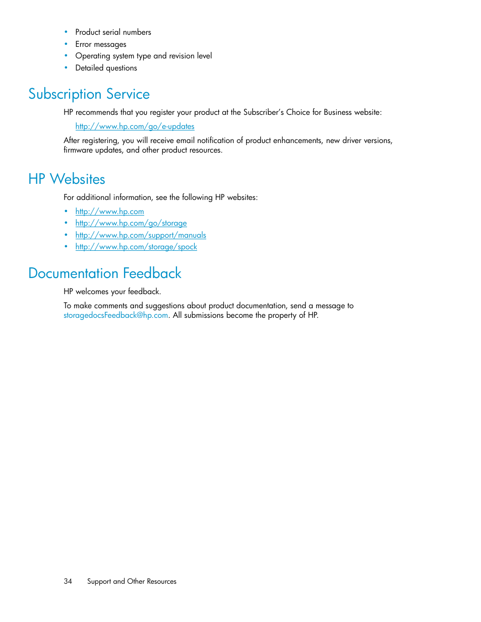 Subscription service, Hp websites, Documentation feedback | 34 hp websites, 34 documentation feedback | HP XP Array Manager Software User Manual | Page 34 / 38
