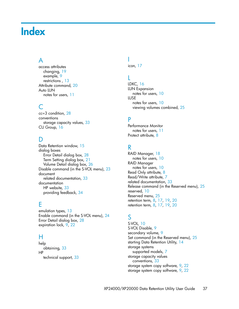 Index | HP XP Array Manager Software User Manual | Page 37 / 38