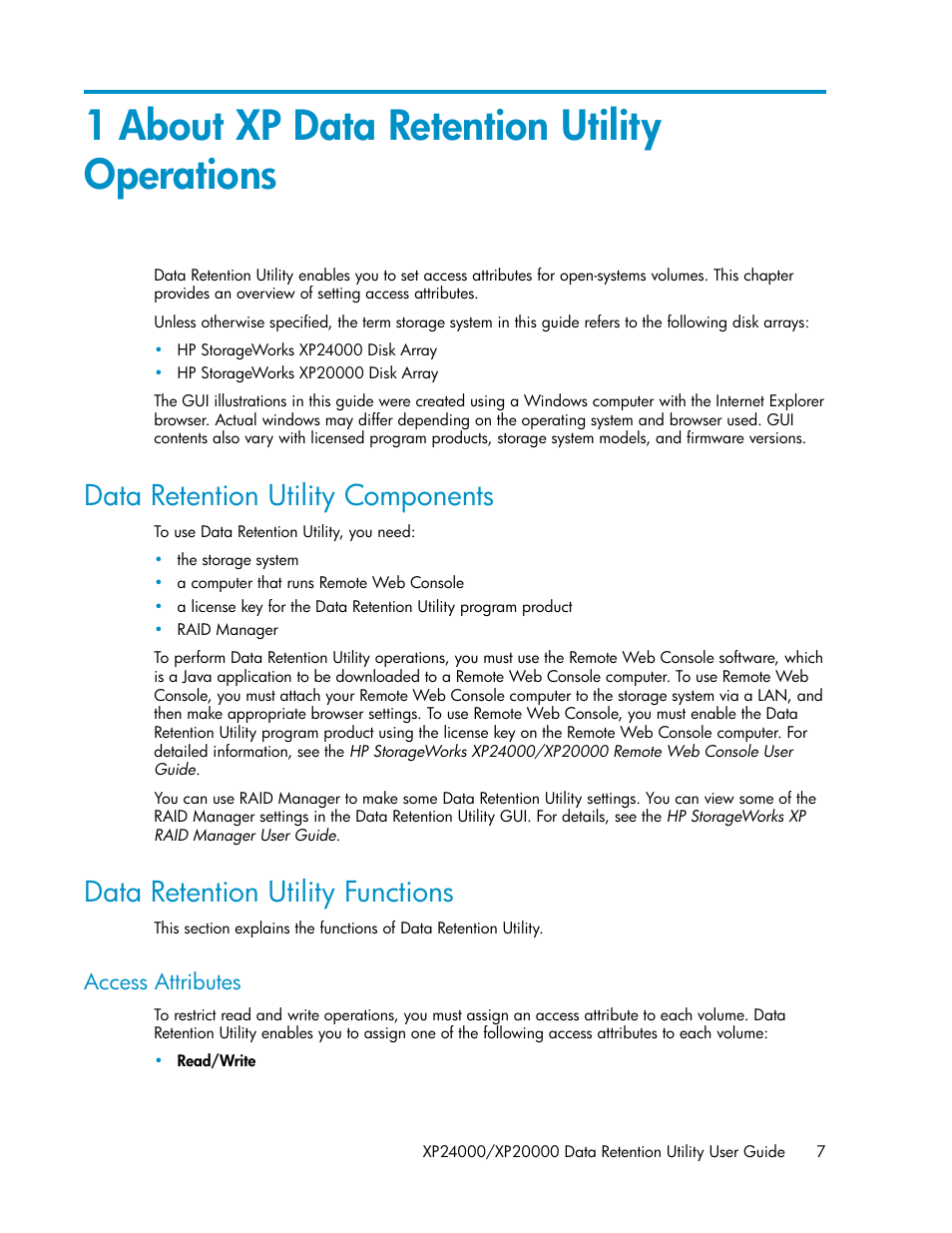 1 about xp data retention utility operations, Data retention utility components, Data retention utility functions | Access attributes, 7 data retention utility functions | HP XP Array Manager Software User Manual | Page 7 / 38