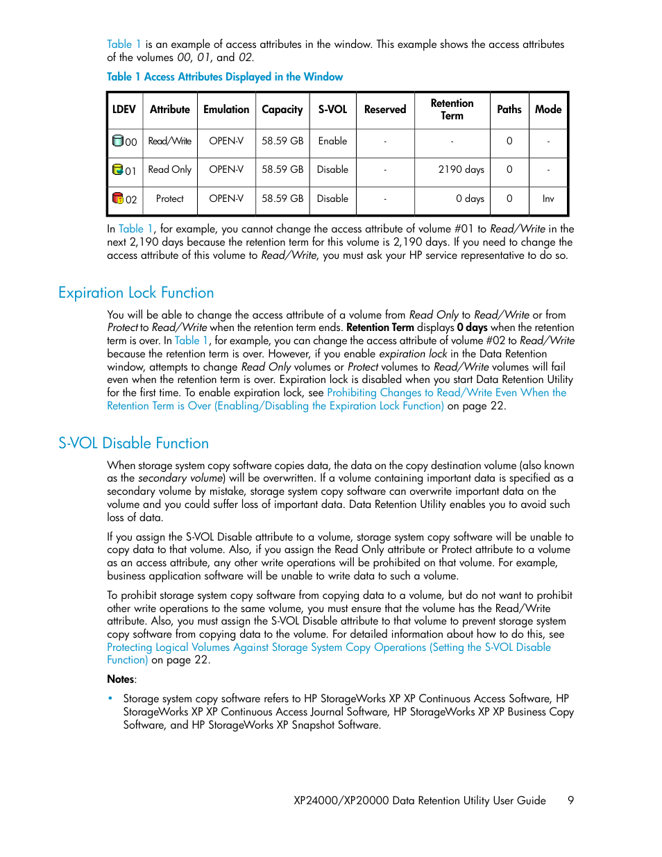 Expiration lock function, S-vol disable function, 9 s-vol disable function | Access attributes displayed in the window | HP XP Array Manager Software User Manual | Page 9 / 38