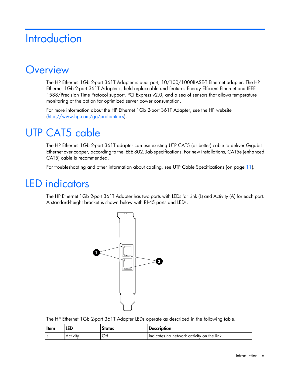 Introduction, Overview, Utp cat5 cable | Led indicators | HP Ethernet 1Gb 4-port 331T Adapter User Manual | Page 6 / 17