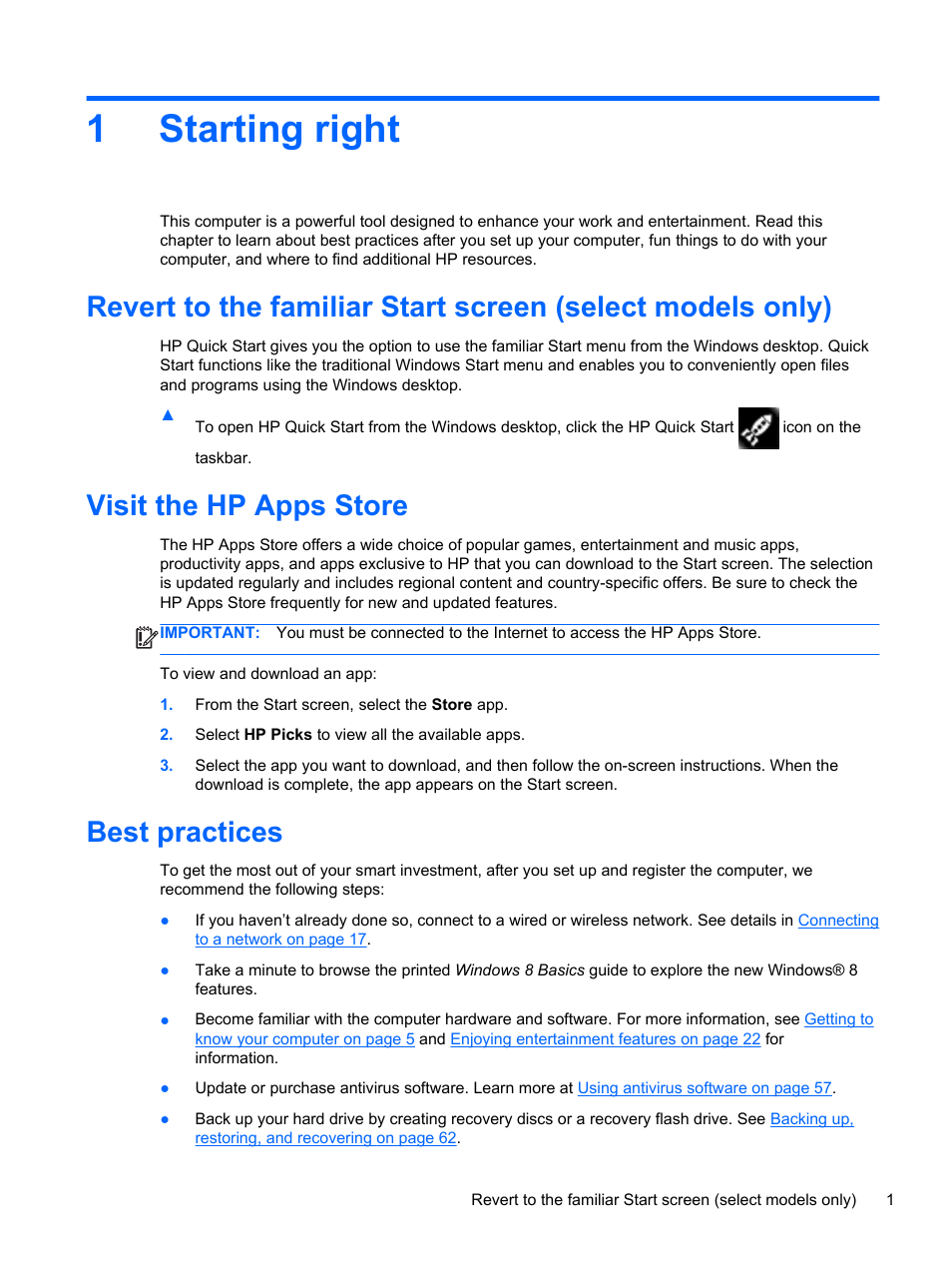 Starting right, Visit the hp apps store, Best practices | 1 starting right, 1starting right | HP Pavilion TouchSmart 14-n014nr Notebook PC User Manual | Page 11 / 83