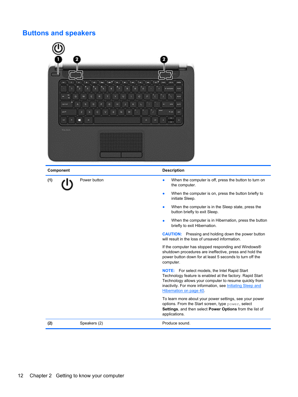 Buttons and speakers | HP Pavilion TouchSmart 14-n014nr Notebook PC User Manual | Page 22 / 83