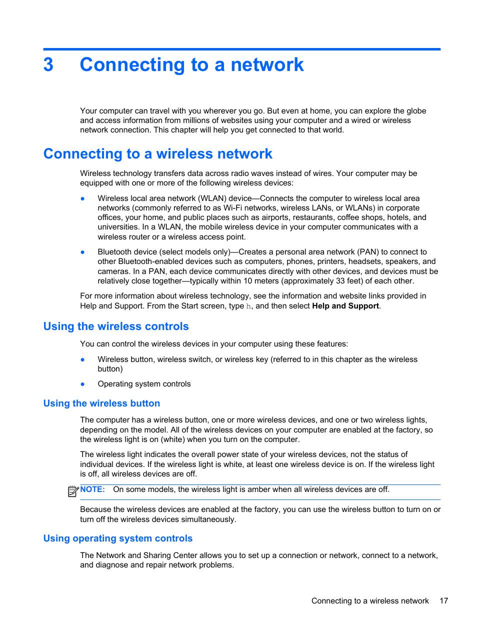 Connecting to a network, Connecting to a wireless network, Using the wireless controls | Using the wireless button, Using operating system controls, 3 connecting to a network, Connecting, 3connecting to a network | HP Pavilion TouchSmart 14-n014nr Notebook PC User Manual | Page 27 / 83