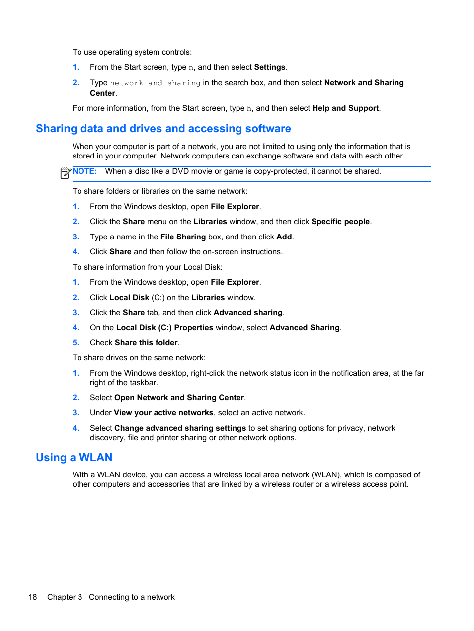 Sharing data and drives and accessing software, Using a wlan | HP Pavilion TouchSmart 14-n014nr Notebook PC User Manual | Page 28 / 83