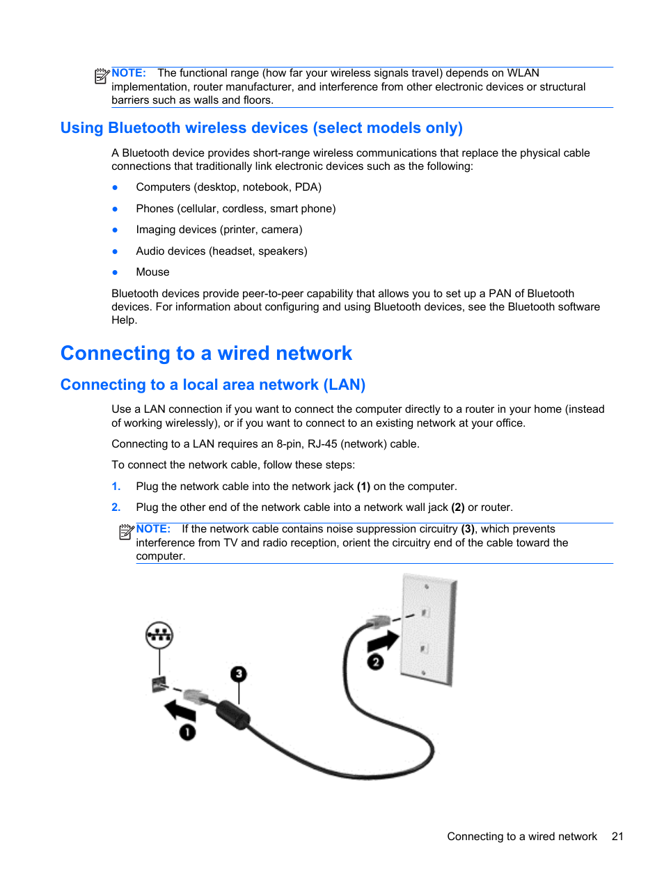 Connecting to a wired network, Connecting to a local area network (lan) | HP Pavilion TouchSmart 14-n014nr Notebook PC User Manual | Page 31 / 83