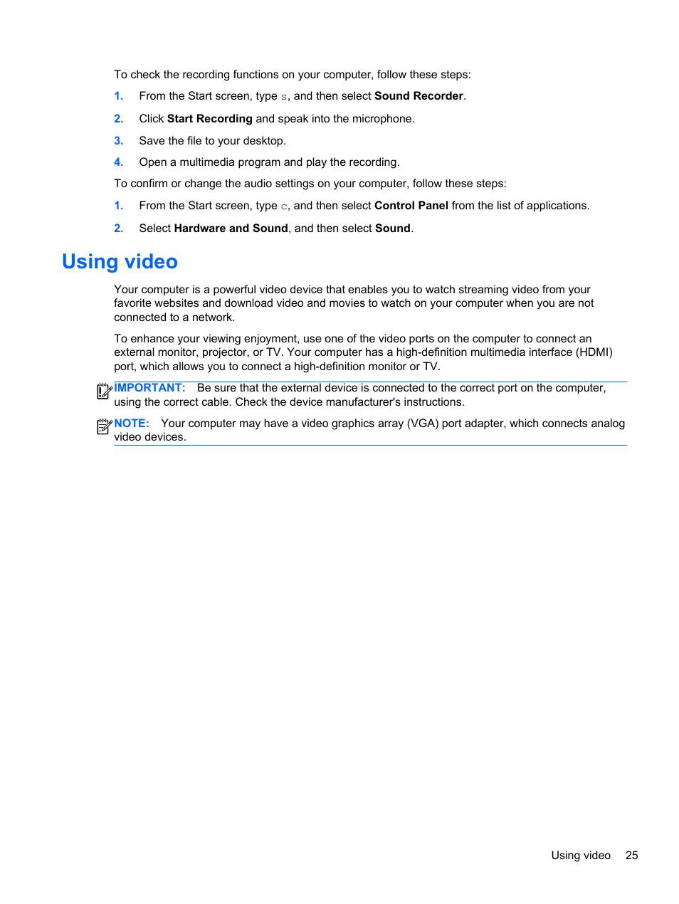 Using video | HP Pavilion TouchSmart 14-n014nr Notebook PC User Manual | Page 35 / 83
