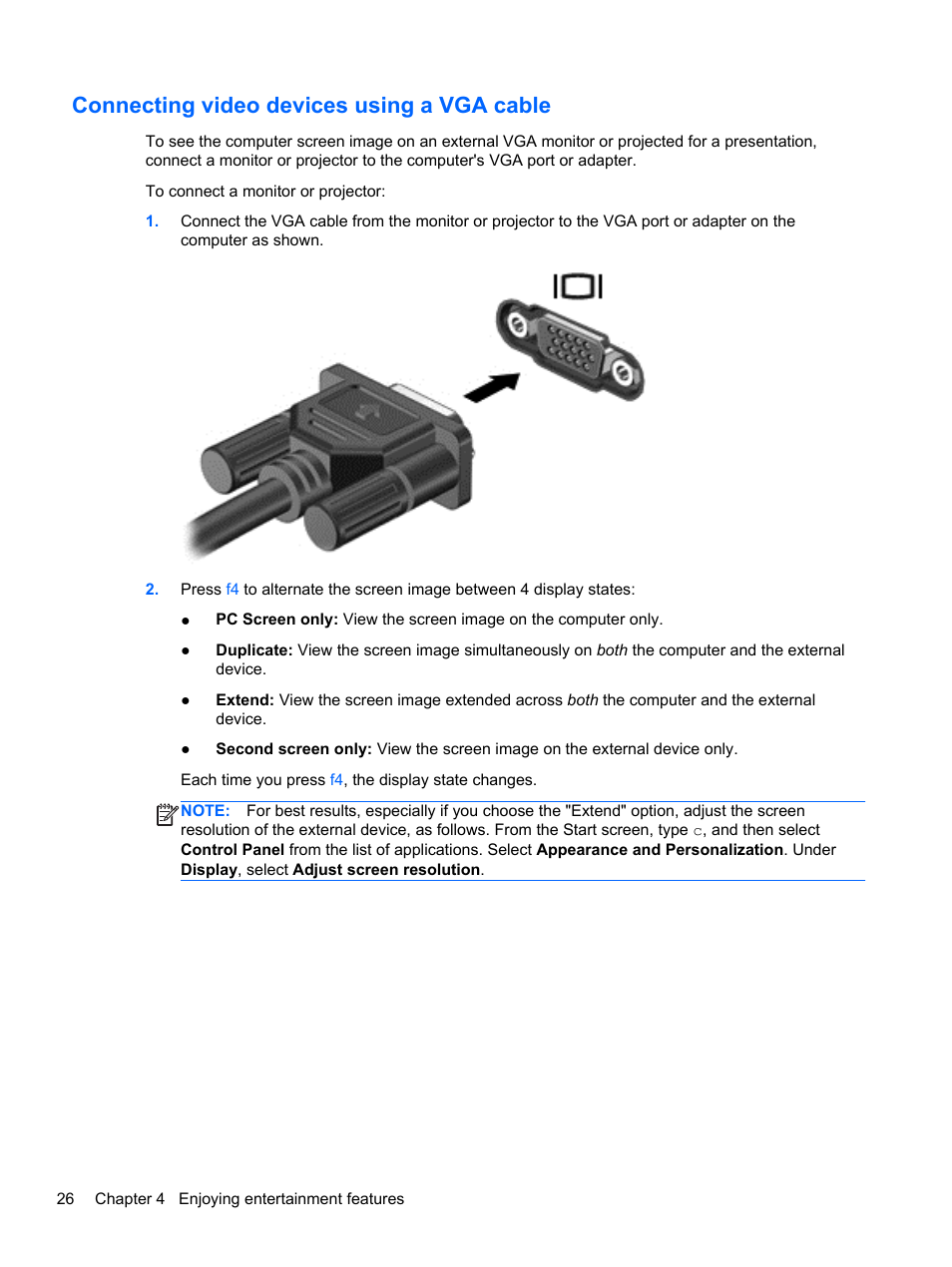 Connecting video devices using a vga cable | HP Pavilion TouchSmart 14-n014nr Notebook PC User Manual | Page 36 / 83