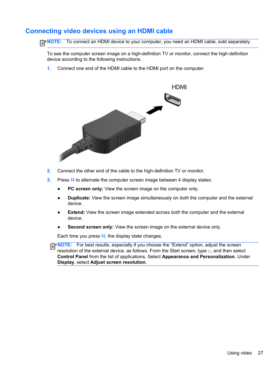 Connecting video devices using an hdmi cable, Connecting | HP Pavilion TouchSmart 14-n014nr Notebook PC User Manual | Page 37 / 83