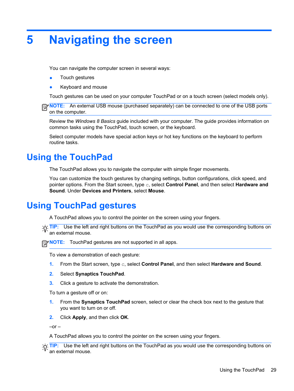 Navigating the screen, Using the touchpad, Using touchpad gestures | 5 navigating the screen, Using the touchpad using touchpad gestures, 5navigating the screen | HP Pavilion TouchSmart 14-n014nr Notebook PC User Manual | Page 39 / 83