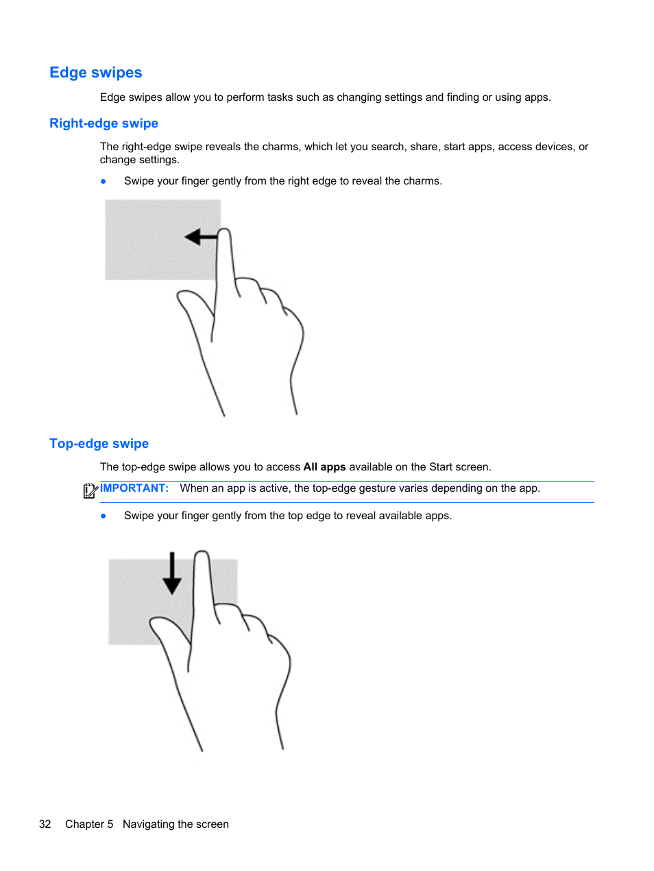 Edge swipes, Right-edge swipe, Top-edge swipe | Right-edge swipe top-edge swipe | HP Pavilion TouchSmart 14-n014nr Notebook PC User Manual | Page 42 / 83