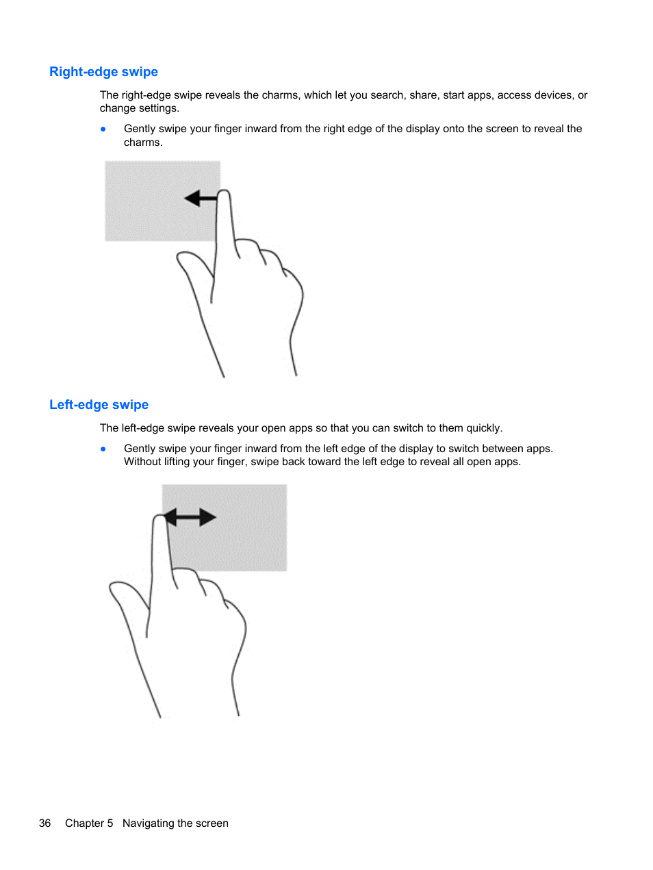 Right-edge swipe, Left-edge swipe, Right-edge swipe left-edge swipe | HP Pavilion TouchSmart 14-n014nr Notebook PC User Manual | Page 46 / 83
