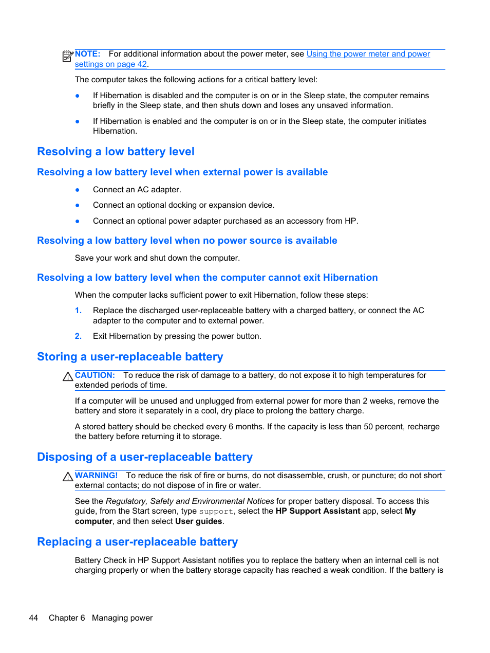 Resolving a low battery level, Storing a user-replaceable battery, Disposing of a user-replaceable battery | Replacing a user-replaceable battery | HP Pavilion TouchSmart 14-n014nr Notebook PC User Manual | Page 54 / 83