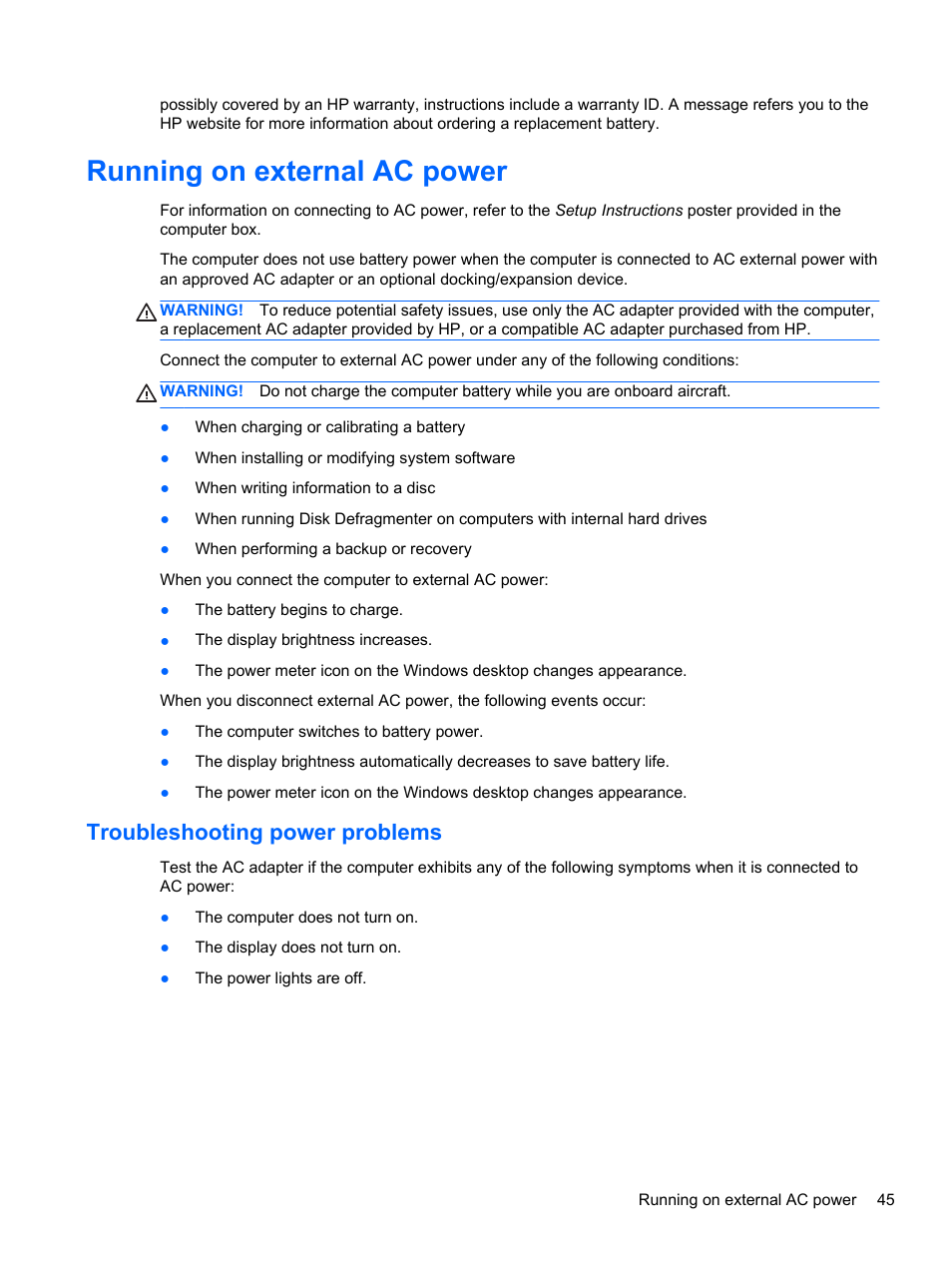 Running on external ac power, Troubleshooting power problems | HP Pavilion TouchSmart 14-n014nr Notebook PC User Manual | Page 55 / 83