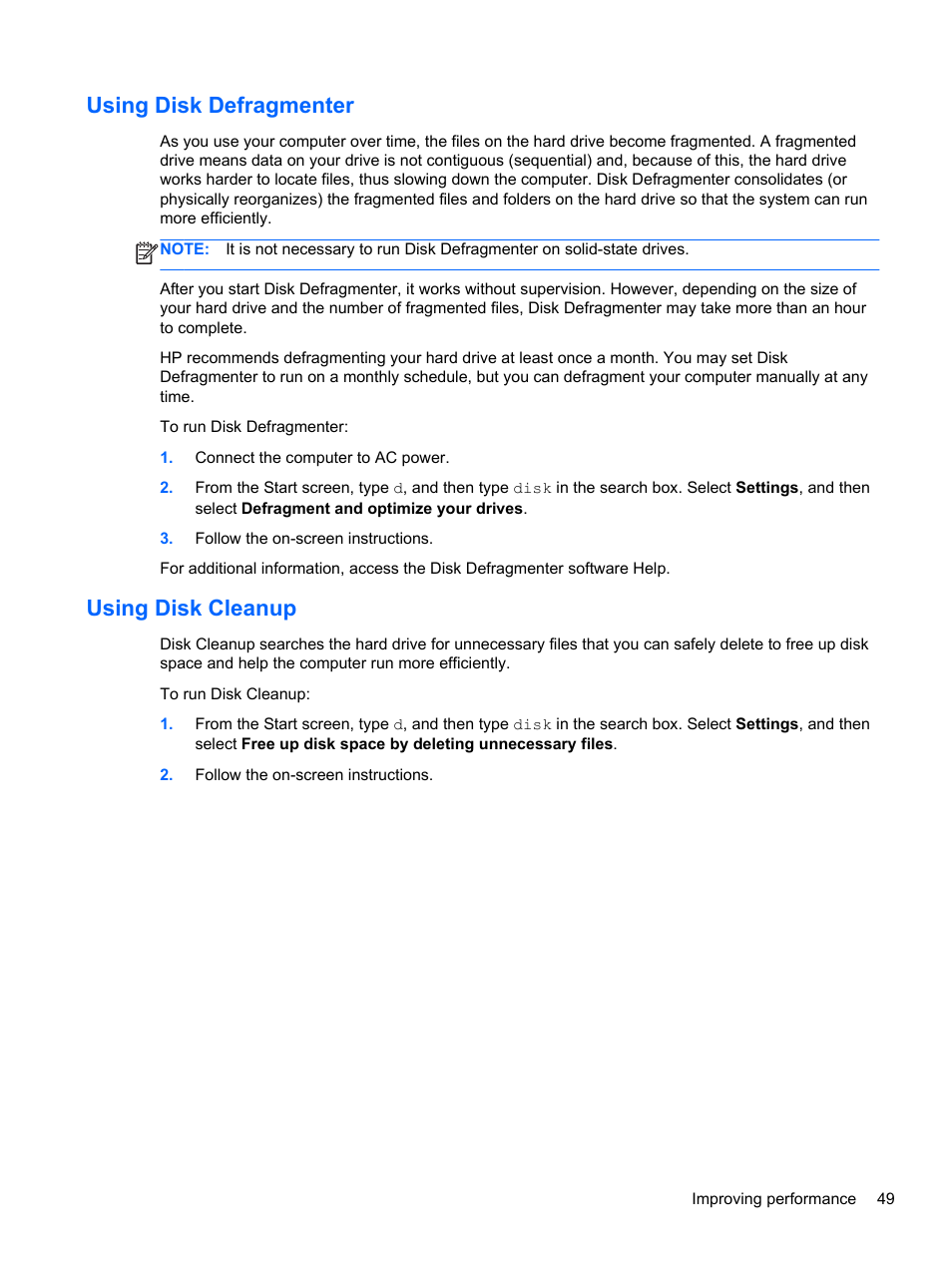 Using disk defragmenter, Using disk cleanup, Using disk defragmenter using disk cleanup | HP Pavilion TouchSmart 14-n014nr Notebook PC User Manual | Page 59 / 83