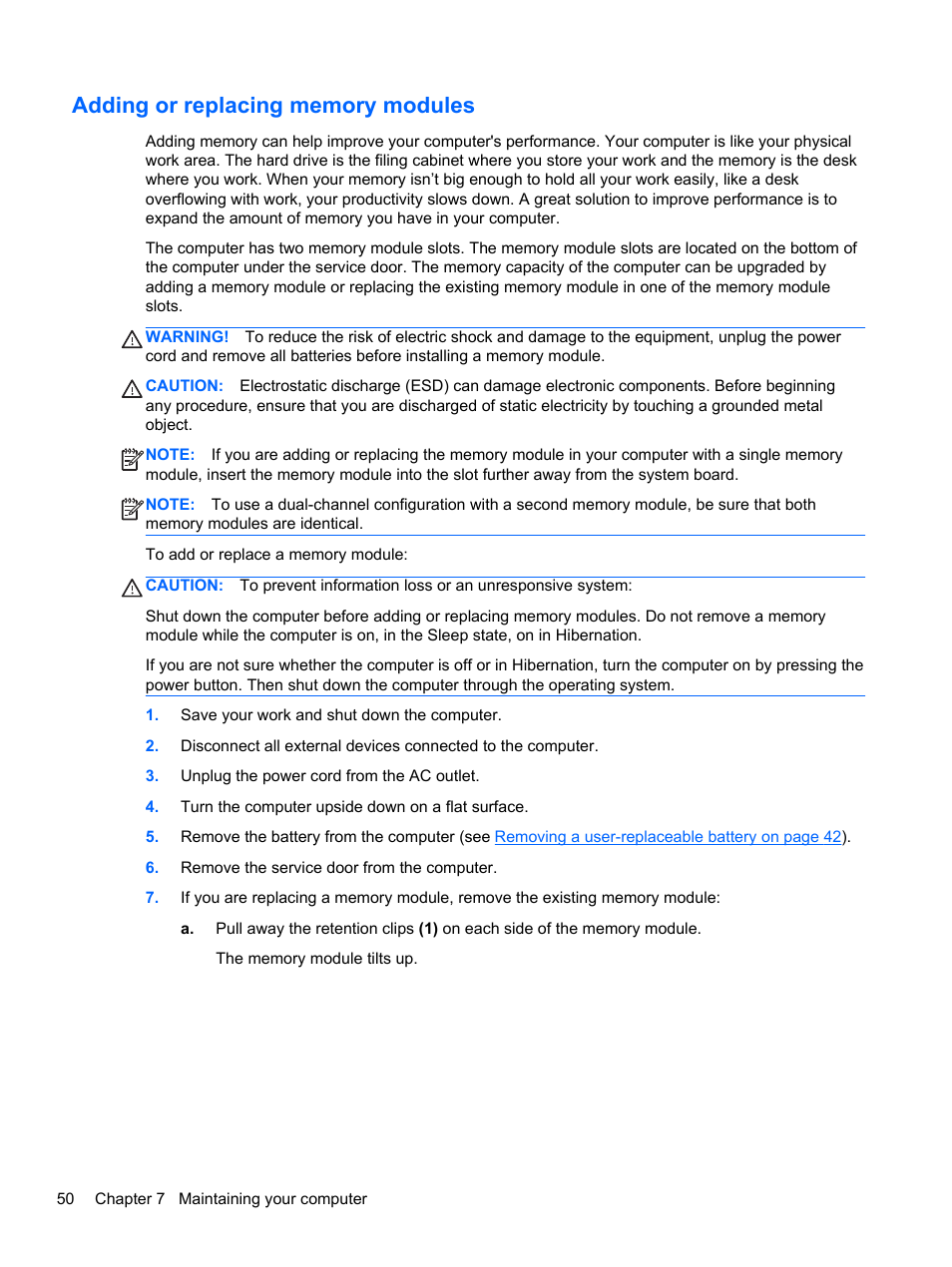 Adding or replacing memory modules | HP Pavilion TouchSmart 14-n014nr Notebook PC User Manual | Page 60 / 83