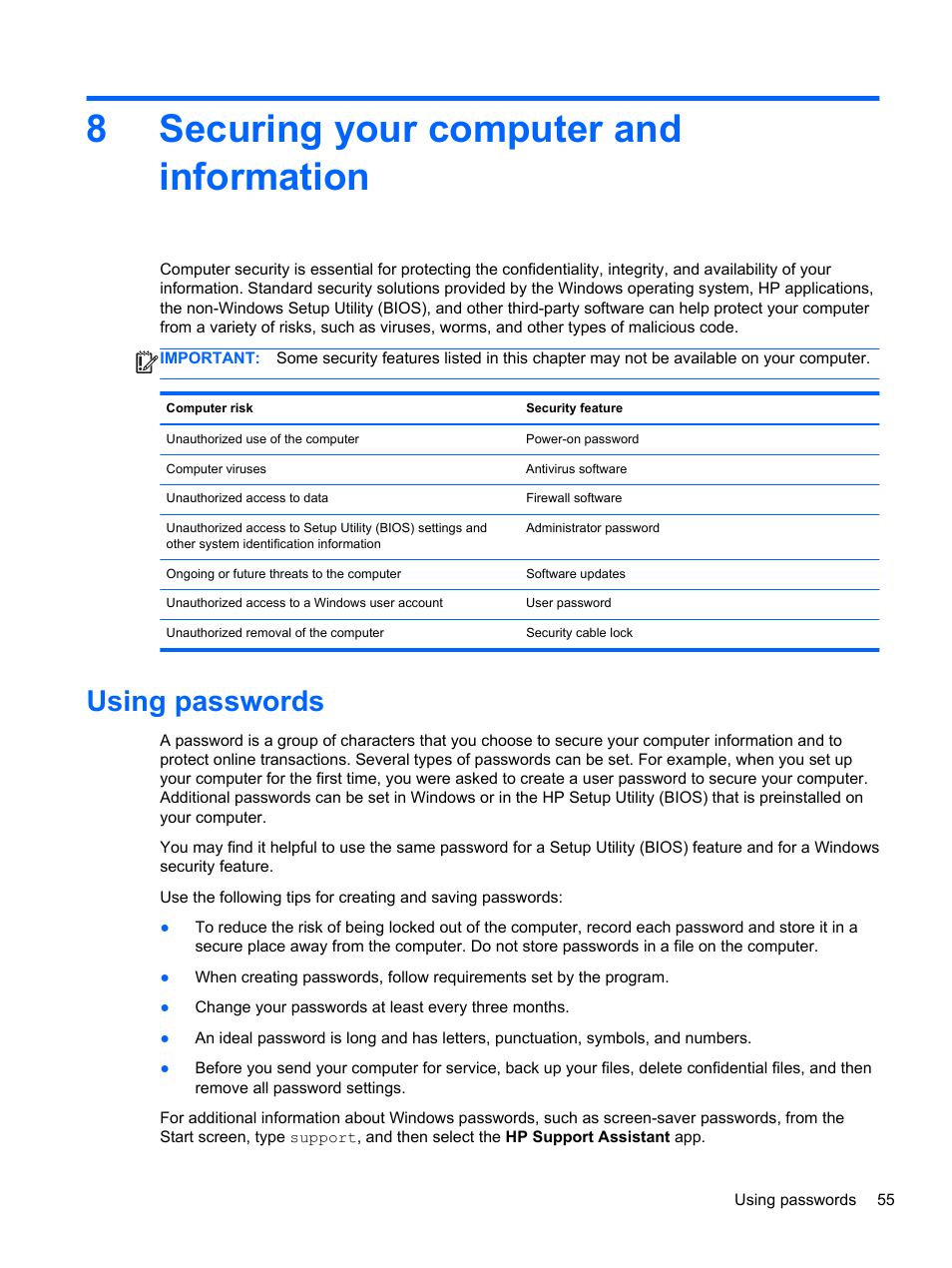 Securing your computer and information, Using passwords, 8 securing your computer and information | 8securing your computer and information | HP Pavilion TouchSmart 14-n014nr Notebook PC User Manual | Page 65 / 83