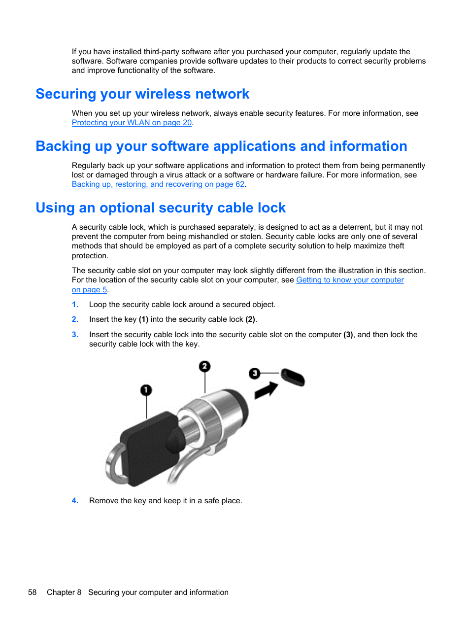 Securing your wireless network, Using an optional security cable lock | HP Pavilion TouchSmart 14-n014nr Notebook PC User Manual | Page 68 / 83