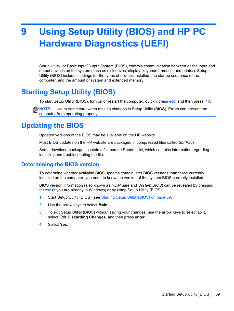 Starting setup utility (bios), Updating the bios, Determining the bios version | Starting setup utility (bios) updating the bios | HP Pavilion TouchSmart 14-n014nr Notebook PC User Manual | Page 69 / 83