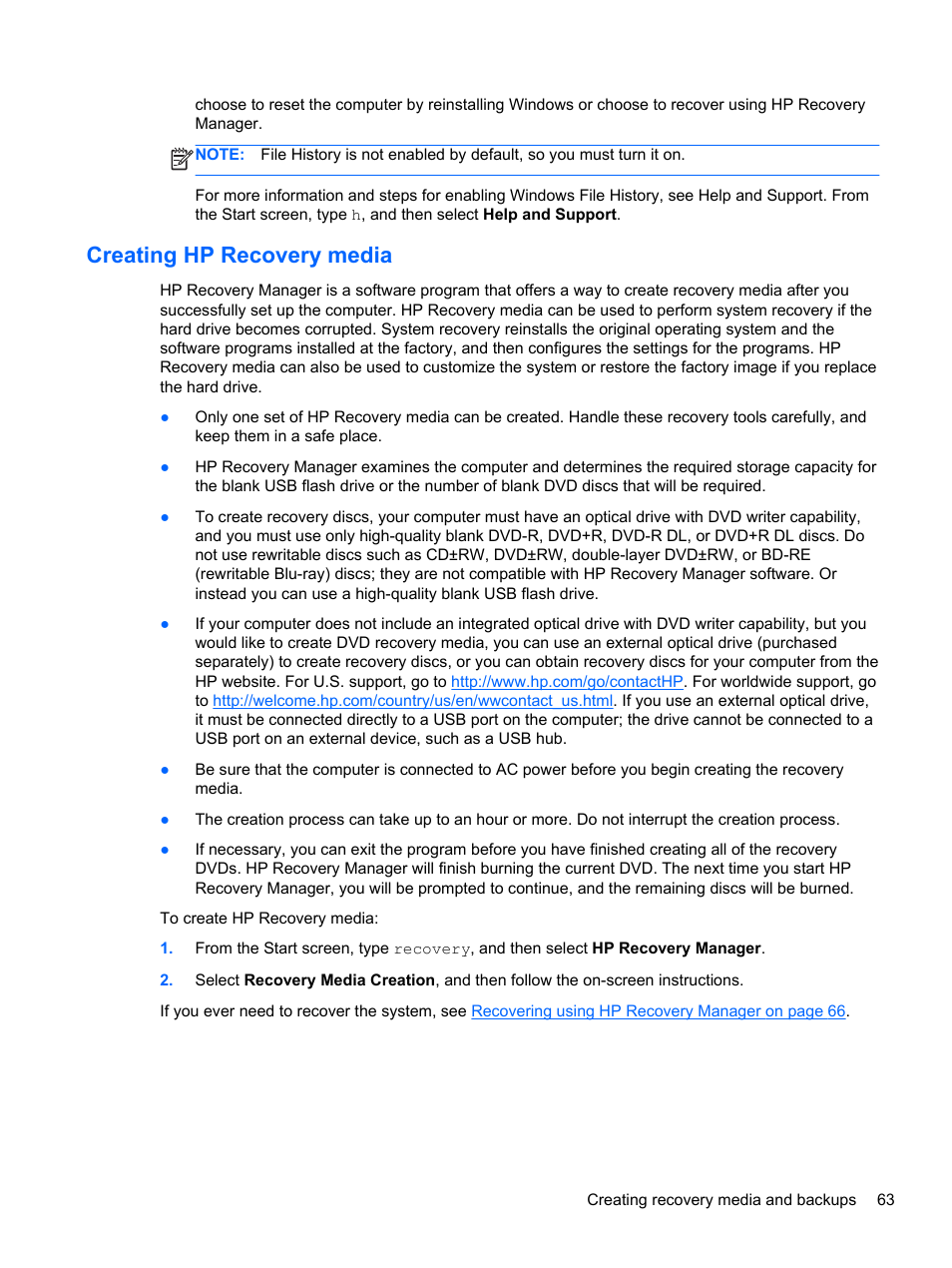 Creating hp recovery media | HP Pavilion TouchSmart 14-n014nr Notebook PC User Manual | Page 73 / 83