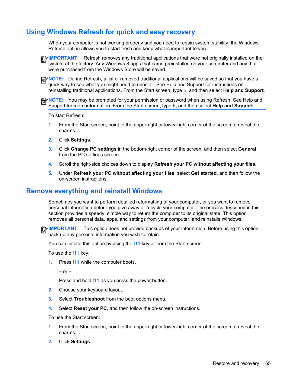 Using windows refresh for quick and easy recovery, Remove everything and reinstall windows | HP Pavilion TouchSmart 14-n014nr Notebook PC User Manual | Page 75 / 83