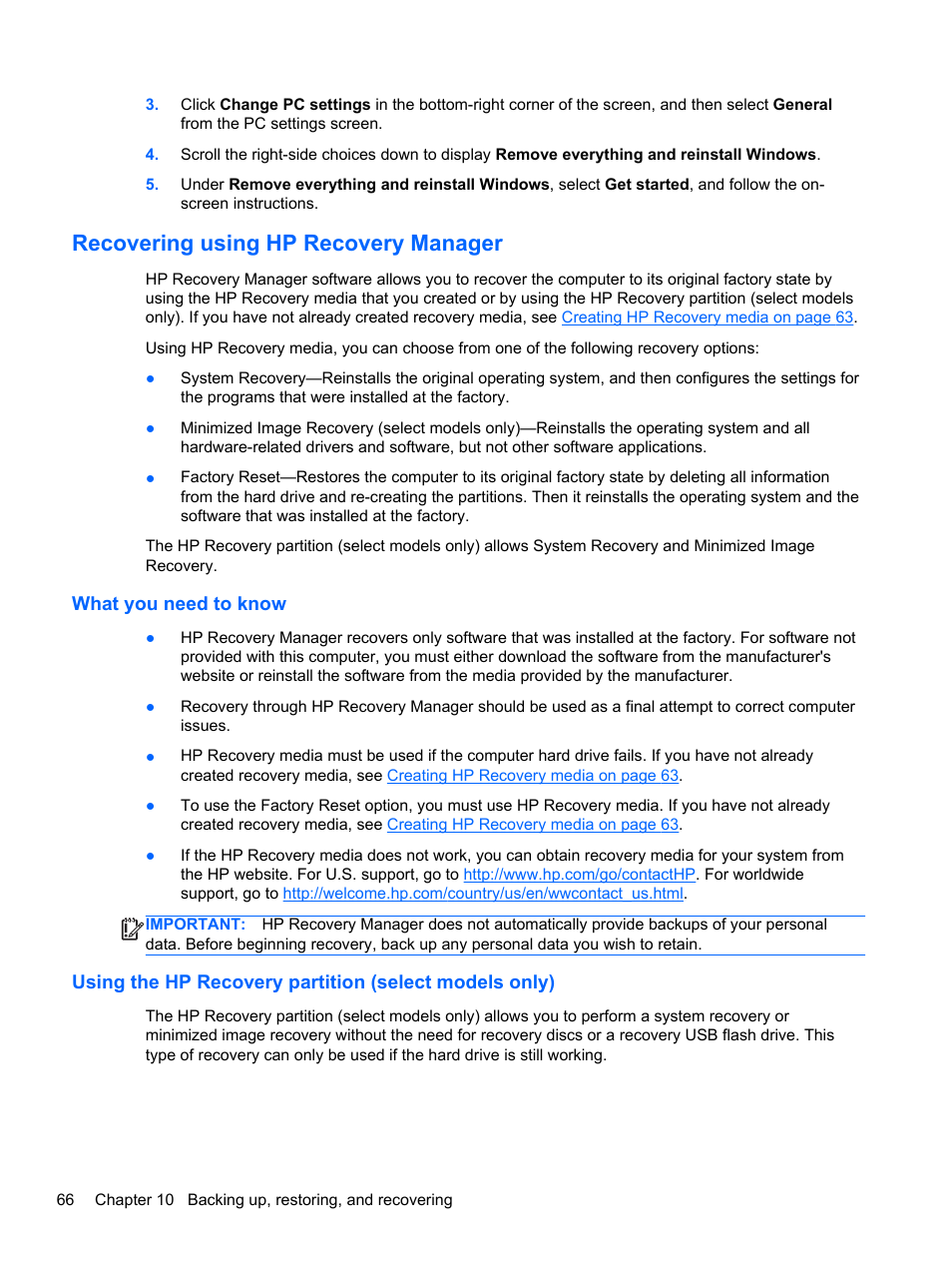 Recovering using hp recovery manager, What you need to know, Recovering using hp | HP Pavilion TouchSmart 14-n014nr Notebook PC User Manual | Page 76 / 83