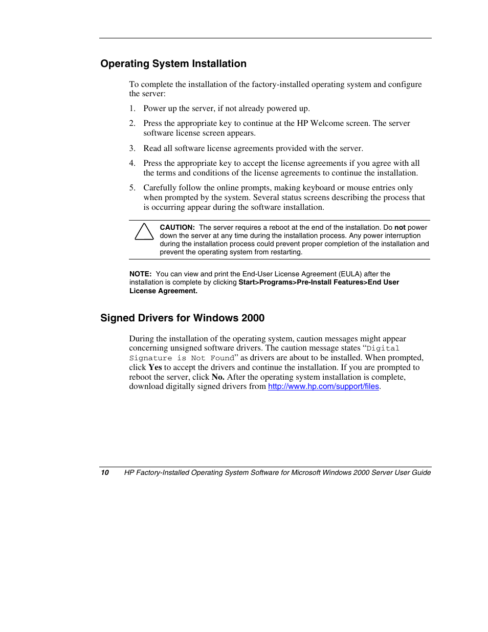 Operating system installation, Signed drivers for windows 2000 | HP ProLiant ML150 Server User Manual | Page 10 / 23