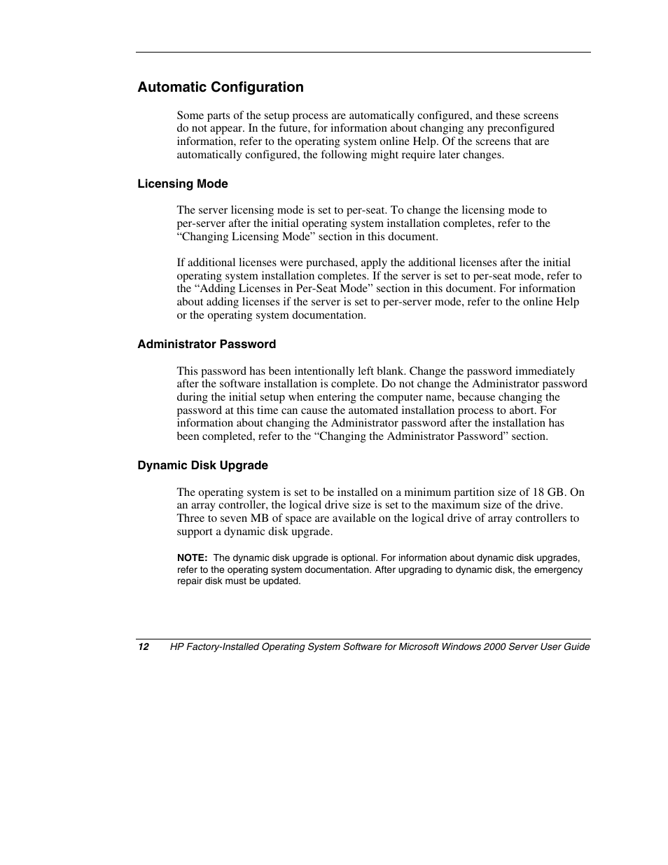 Automatic configuration, Licensing mode, Administrator password | Dynamic disk upgrade | HP ProLiant ML150 Server User Manual | Page 12 / 23