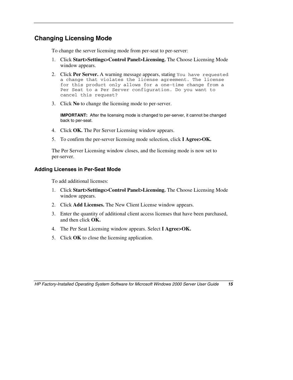 Changing licensing mode, Adding licenses in per-seat mode | HP ProLiant ML150 Server User Manual | Page 15 / 23