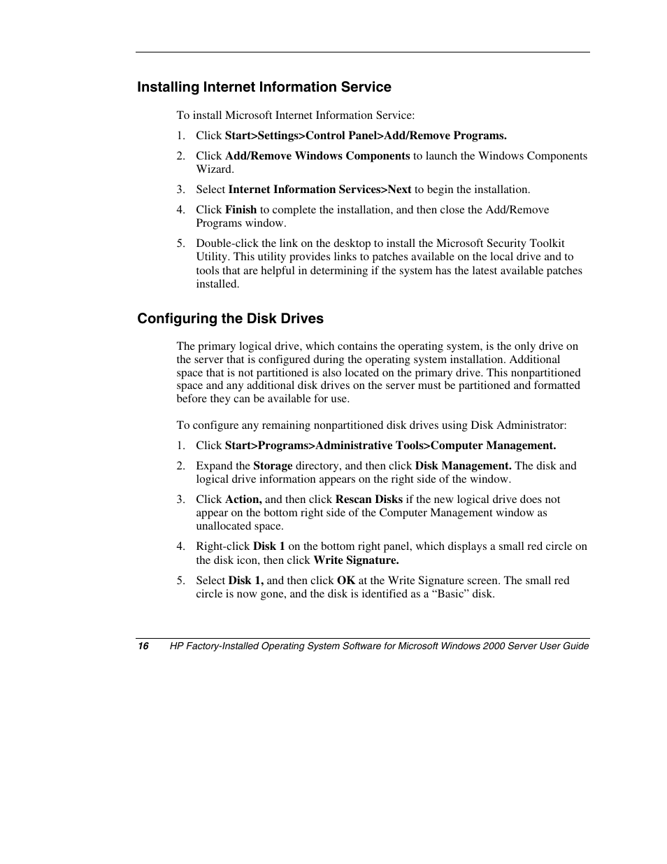 Installing internet information service, Configuring the disk drives | HP ProLiant ML150 Server User Manual | Page 16 / 23