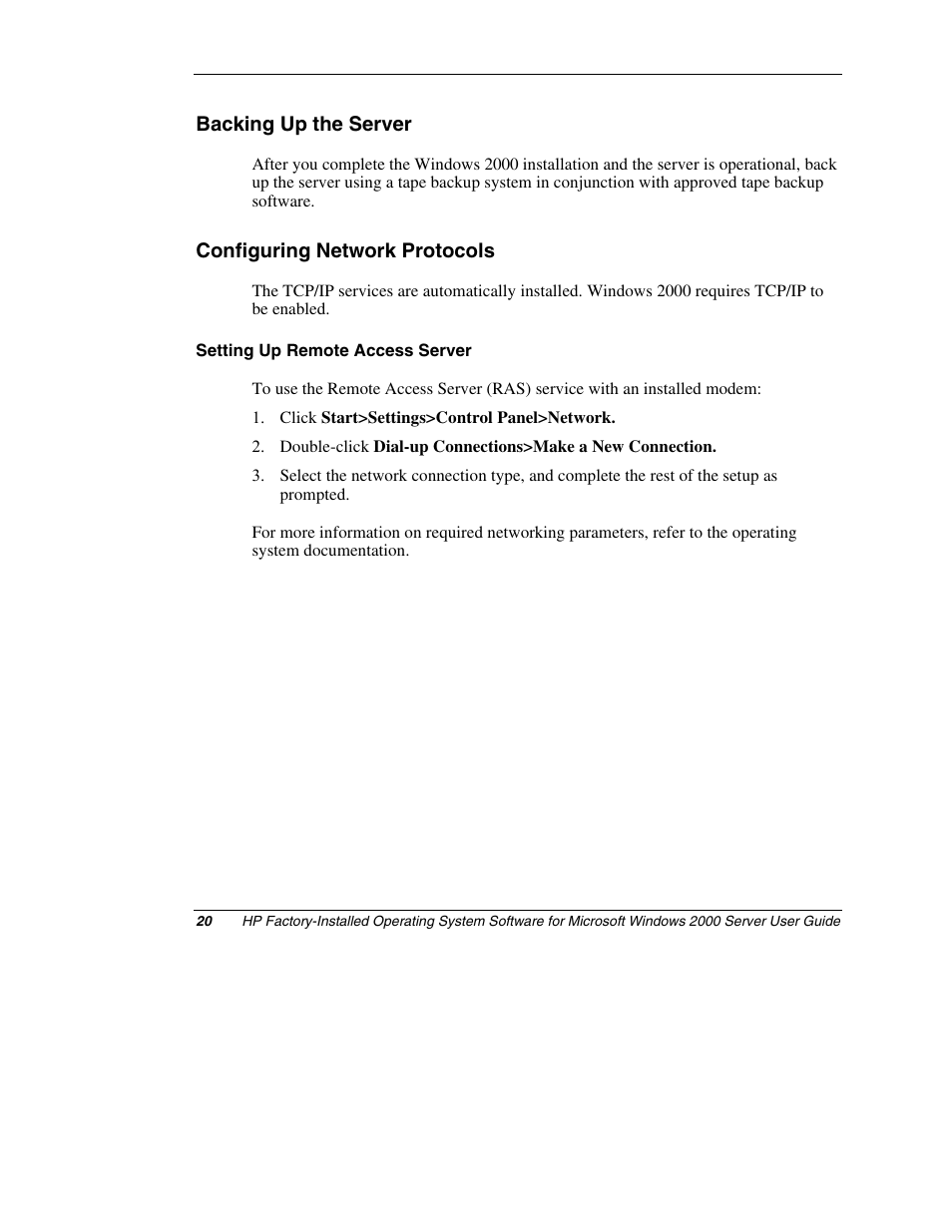 Backing up the server, Configuring network protocols, Setting up remote access server | HP ProLiant ML150 Server User Manual | Page 20 / 23