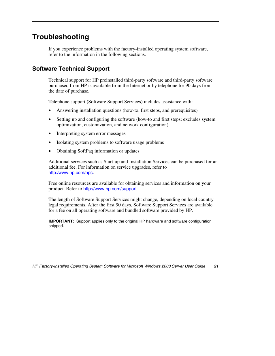 Troubleshooting, Software technical support | HP ProLiant ML150 Server User Manual | Page 21 / 23